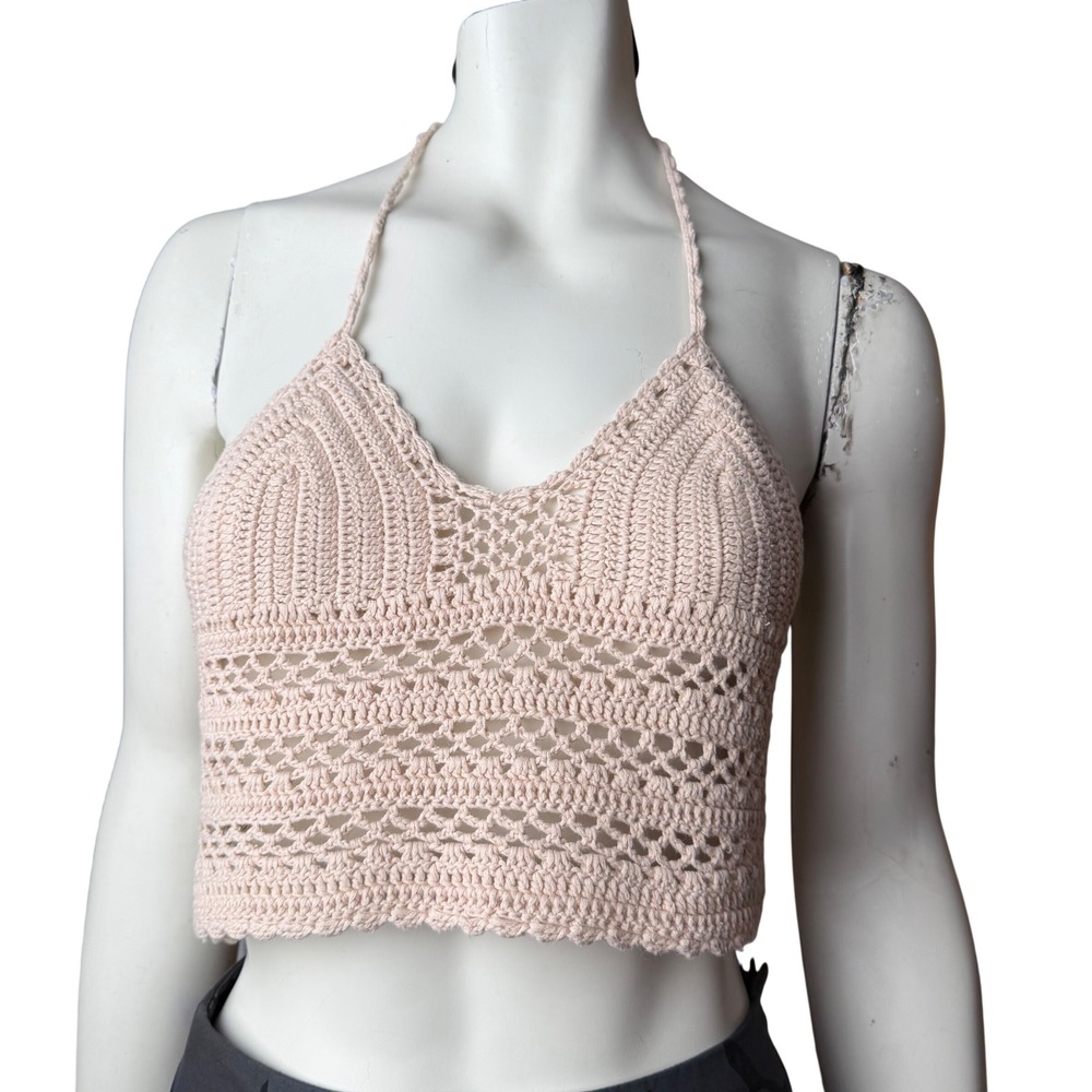 Tea & Cup Crochet Bralette Halter Top Cream Boho Festival Corset Back S/M Top